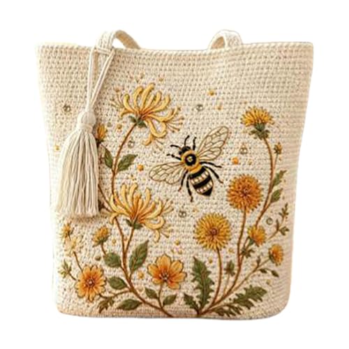 Tote bag en crochet fait main bohème avec pochette brodée abeille pour femme