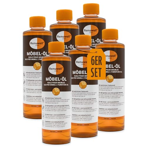 Renuwell Möbel-Öl, 6x 500 ml – Natürliches Pflegeöl für Holz mit Leinöl und Teebaumöl, farblos, Schutz für geölte und unbehandelte Holzoberflächen, Schweizer Qualität