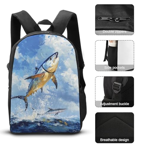 Tuna Fish Leaping Out Of Water Classic Backpack Lunch Bag Pencil Case 3 Piece Set Travel Daypack3