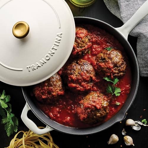 Tramontina Bestow Enameled Cast Iron Skillet with Lid, 12-inch Frying Pan, Latte with Gold Knob - Thumbnail 3