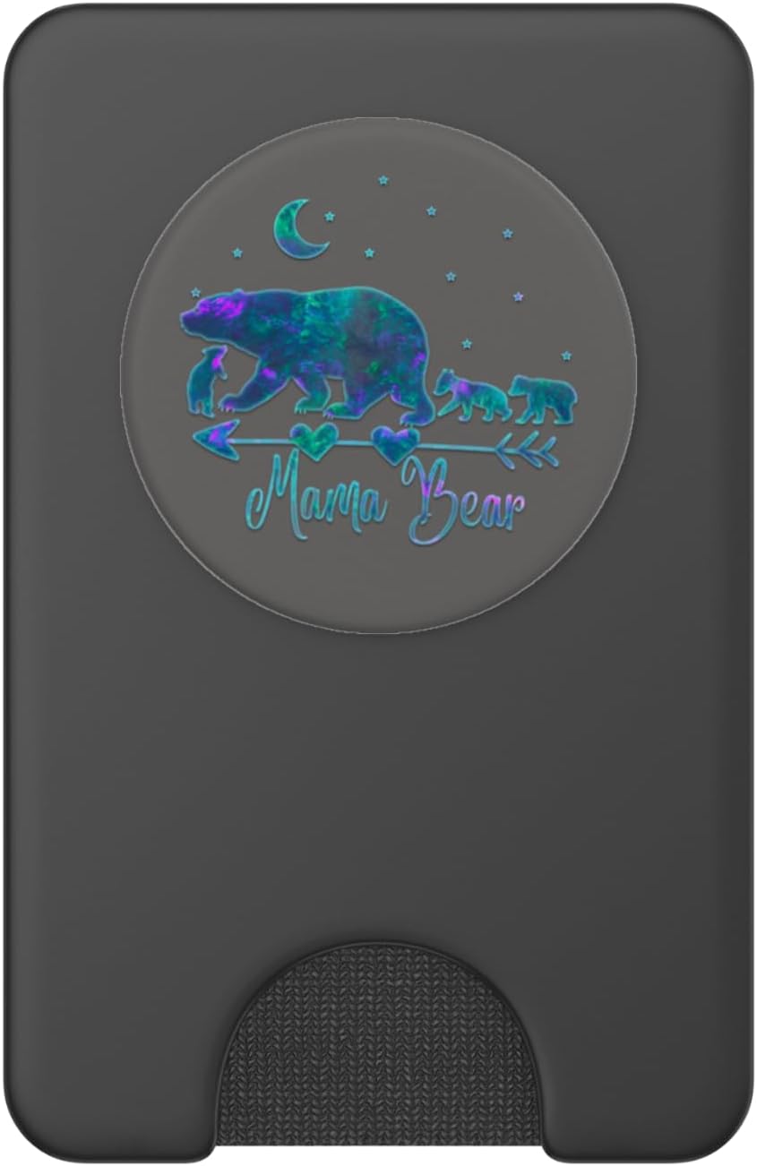 Teal Blue Purple Mama bear Three cubs On Space Gray PopSockets PopWallet for MagSafe