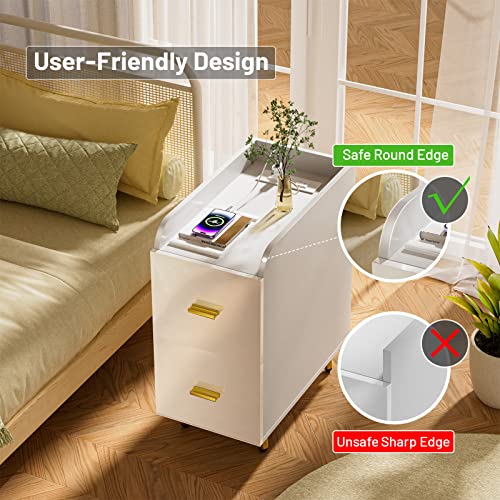 Yilqqper Nightstand With Charging Station, 2 Deep Drawers & Back Shelf Stylish High-Gloss Panel, Modern Tall Narrow Wood Night Stand Bed Side End Table For Bedroom & Living Room, White #TOP4