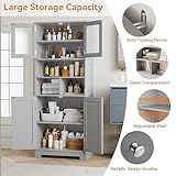 HOCSOK Tall Storage Cabinet, Bathroom Storage Cabinet with Frosted Glass Doors, Kitchen Pantry with Adjustable Shelf, Freestanding Cupboard for Bathroom, Kitchen, Living Room, Grey - Image 5