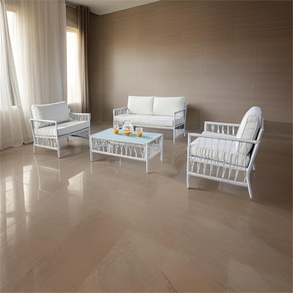 Pemberly Row 4 Piece Outdoor Patio Set, Wicker Sofa and Chairs with Glass Coffee Table, White Finish, Metal Frame, Removable Cushions, All Weather Design for Backyard or Patio