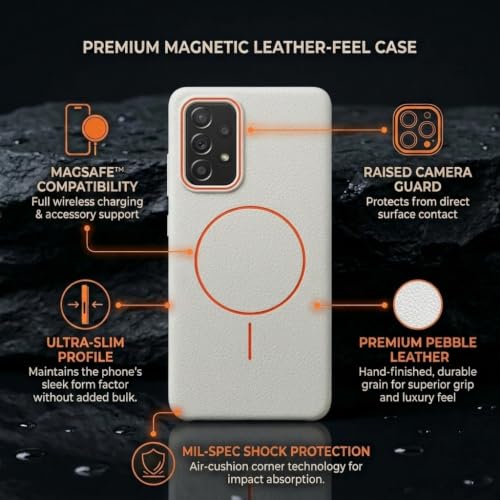 Image of amazon basics Luxury MagSafe Compatible Leather Texture Back Cover for Samsung Galaxy A73 5G | Raised Camera Protection | Slim Fit Shockproof Case with Metallic Accents (White)