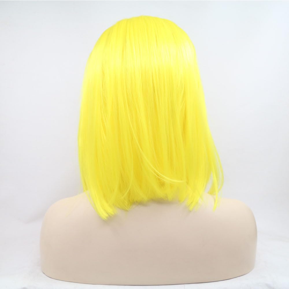 xiweiya Fluorescent Yellow Short Cut Lace Front Wig Bob Straight Free Part Synthetic Wigs Heat Resistant Lemon-Yellow Synthetic Lace Front Wigs for Women Short Haircut Hand Tied Replacement Full Wig - Image 3