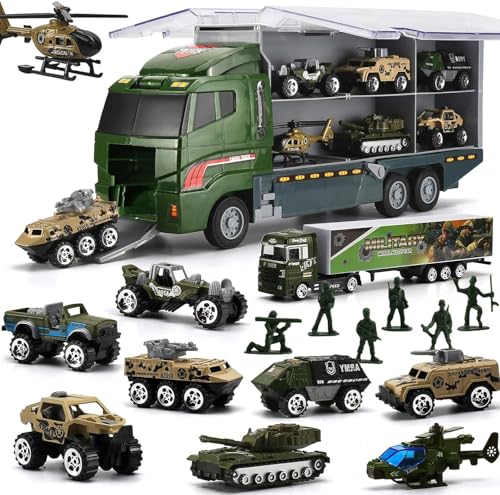 Camion Transporteur Militaire (26-en-1) avec Figurines de Soldats et Mini Véhicules Die-Cast – Jouet de Transport Armée avec Hélicoptères, Chars et...