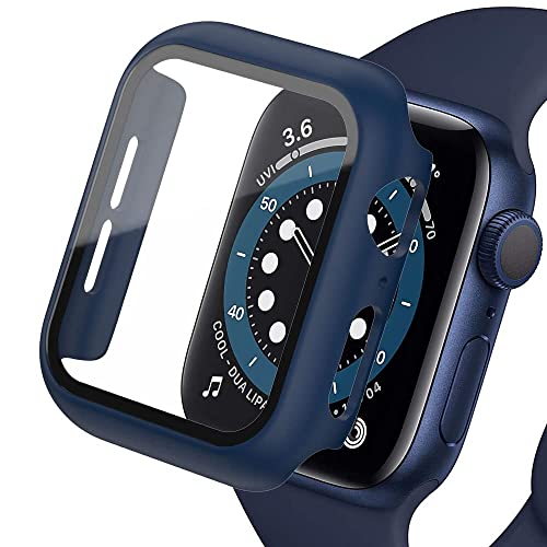 Lerxiuer Compatible with Apple Watch Series 7 41mm Case with Built-in Tempered Glass Screen Protector, Ultra Slim Hard PC Protective Case for iWatch 7 Case, Mindnight Blue