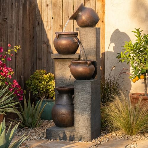 Bumilgar 53' H Large Outdoor Water Fountain with Lights - 4 Tiered Cascading Bowls Waterfall Fountain for Garden, Patio, Backyard, Porch Inside - Freestanding Outdoor Water Feature Gold