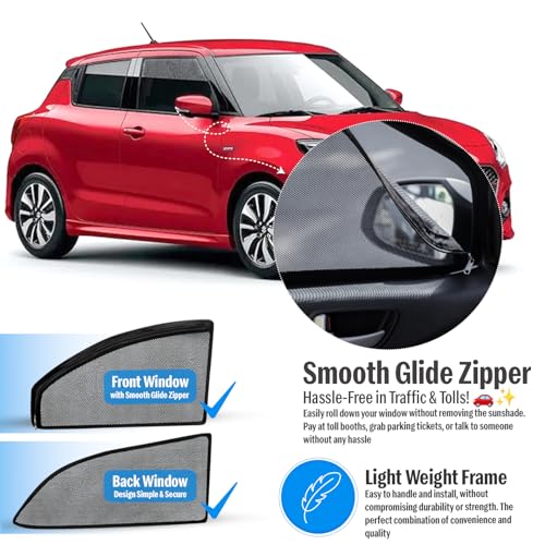 Image of Autofact Magnetic Car Sunshades Compatible with Maruti Swift (2012 to 2017) (Set of 4) - Easy Installation, UV Protection, Keeps Car Cool (Front 2 with Zippers, Rear 2 Without Zippers)
