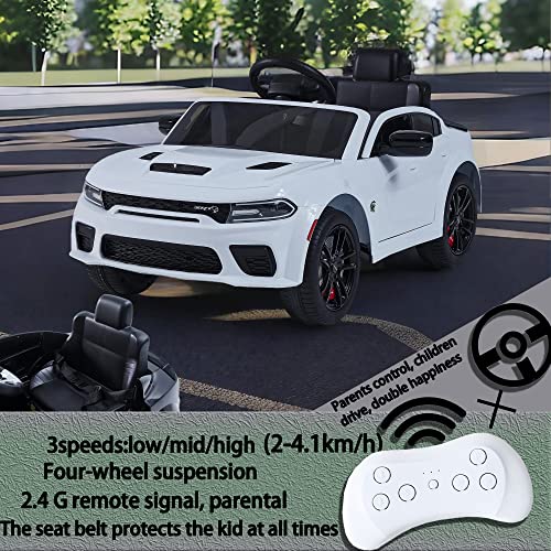 12V Kids Ride On Car Licensed Dodge Kids Electric Vehicle Toy, Battery Powered Toy Electric Car W/Remote Control, Mp3, Bluetooth, Led Light, Ride On Toy W/3 Speeds And Suspension System, White #TOP1