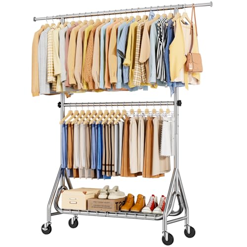 Image of Double Rods Clothing Rack, Heavy Duty Clothes Rack for Hanging Clothes Load 560LBS, Metal Rolling Garment Racks with Wheels, Freestanding Clothes Hanging Racks, Silver