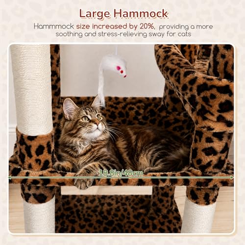 Image of Globlazer Large Perch Leopard Cat Tree, 65in Sturdy Cat Scratching Tree for Indoor Cats Large Adult, Big Cat Tower with 3 Padded Perches, 6 Scratching Posts, Cat Condo, Hammock, S65, Leopard Print