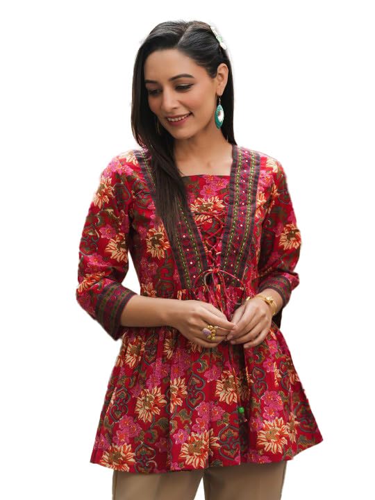 Image of Women Floral Printed Short Kurti Tunic Top | Lace Up Neck, 3 /4 Sleeves, Flared Peplum Hem | Ethnic Casual Office Wear Top for Jeans and Pants
