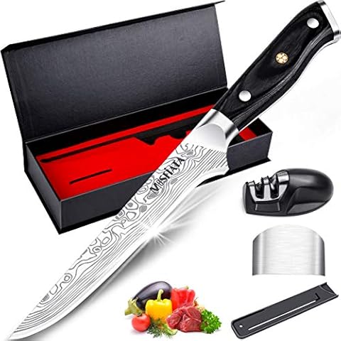 MOSFiATA 6" Boning Knife, Sharp Kitchen Cooking Knife with Finger Guard and Knife Sharpener, German High Carbon Stainless Steel EN1.4116 Chef’s Knife with Micarta Handle and Gift Box Cover