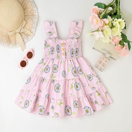 Toddler Baby Girl Dress Summer Clothes Cute Buttons Ruffle Sleeve Camisole Flower Outfits 2-6 Years Old2