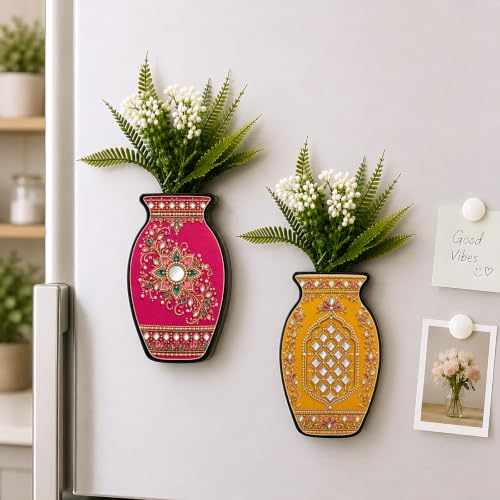 Image of Regalo Casila Magnetic Artificial Flower Vase Fridge Magnets Set of 2 Kundan Floral Mirror Work Indian Ethnic Art Refrigerator Kitchen Home Office Decor Housewarming Gift