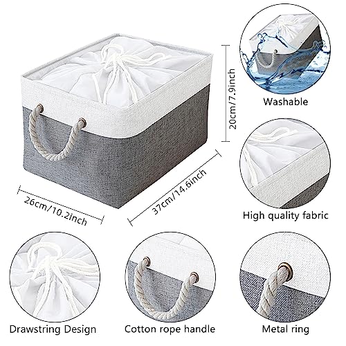 OUTBROS large storage basket, 15.5 x 10.2 x 7.9 inch foldable storage box with handle and drawstring, suitable for towels, clothes (gray/white, small, 3 pack) - Image 6