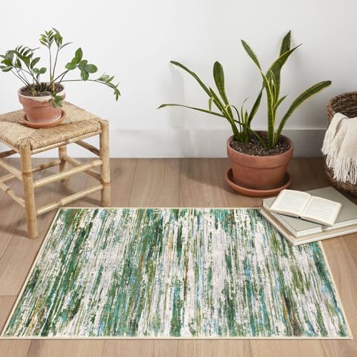 2x3 Green Grey Multi Modern Abstract Rug for Entryway, Super Soft Small Washable Area Rug, Non-Slip Kitchen Rugs, Low-Pile Mat for Bedside, Foyer, Indoor Door Mat