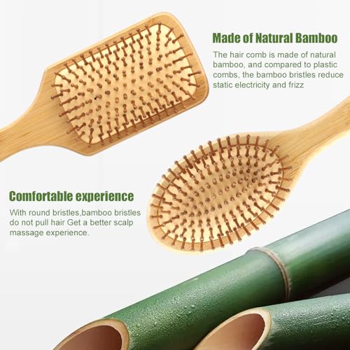 Atliberswo 2 Stück Natur-Haarbürste aus Bambus, bestehend aus zwei haarbürste, geeignet für Männer, Frauen und Kinder. Mit natürlichem Holz und Bambusnadeln für die Haarpflege (1*rund+1*Quadrat)