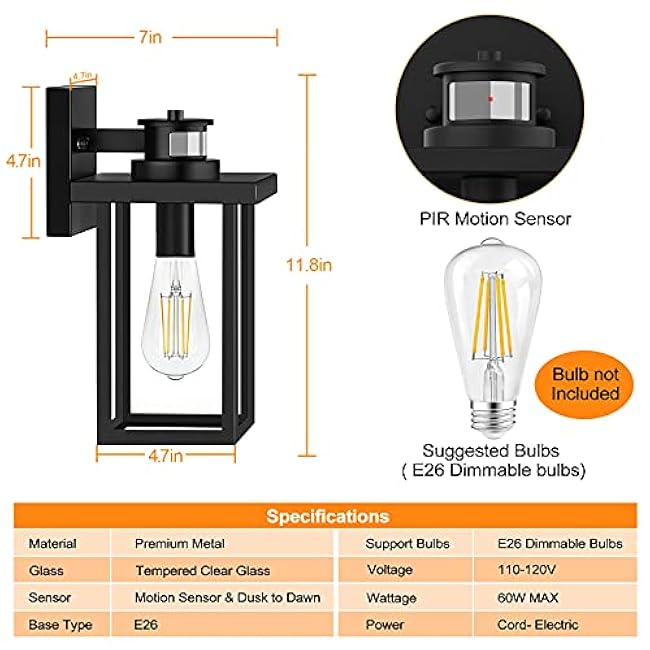 WIHTU Upgraded Motion Sensor Outdoor Wall Lights, Dusk to Dawn Exterior Light Fixtures, Front Porch Light with Matte Black Finish, Anti Rust Wall Lamp, Wall Sconce for Garage, House