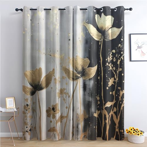 zcwl Rideau Occultant Fleur, Gris Noir Doré Motif Rideaux Thermiques à Oeillets, Rideaux Imprimé pour Salon Chambre Fenetre Moderne Décoration, 140x220 cm...