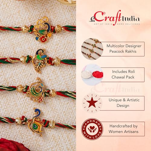 Image of eCraftIndia Multicolor Set of 4 Radha Krishna Playing Flute, Peacock, Krishna Flute, Peacock Feather Designer Religious Rakhis with Roli Chawal Pack