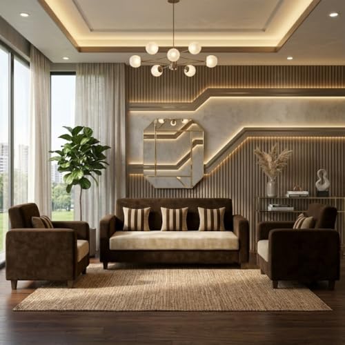 Alvaro Stylewood 5 Seater Fabric Sofa Set (3+1+1), Velvet Finish Sofa Set for Living Room, Space Saving Furniture for Home & Office - Brown-Beige