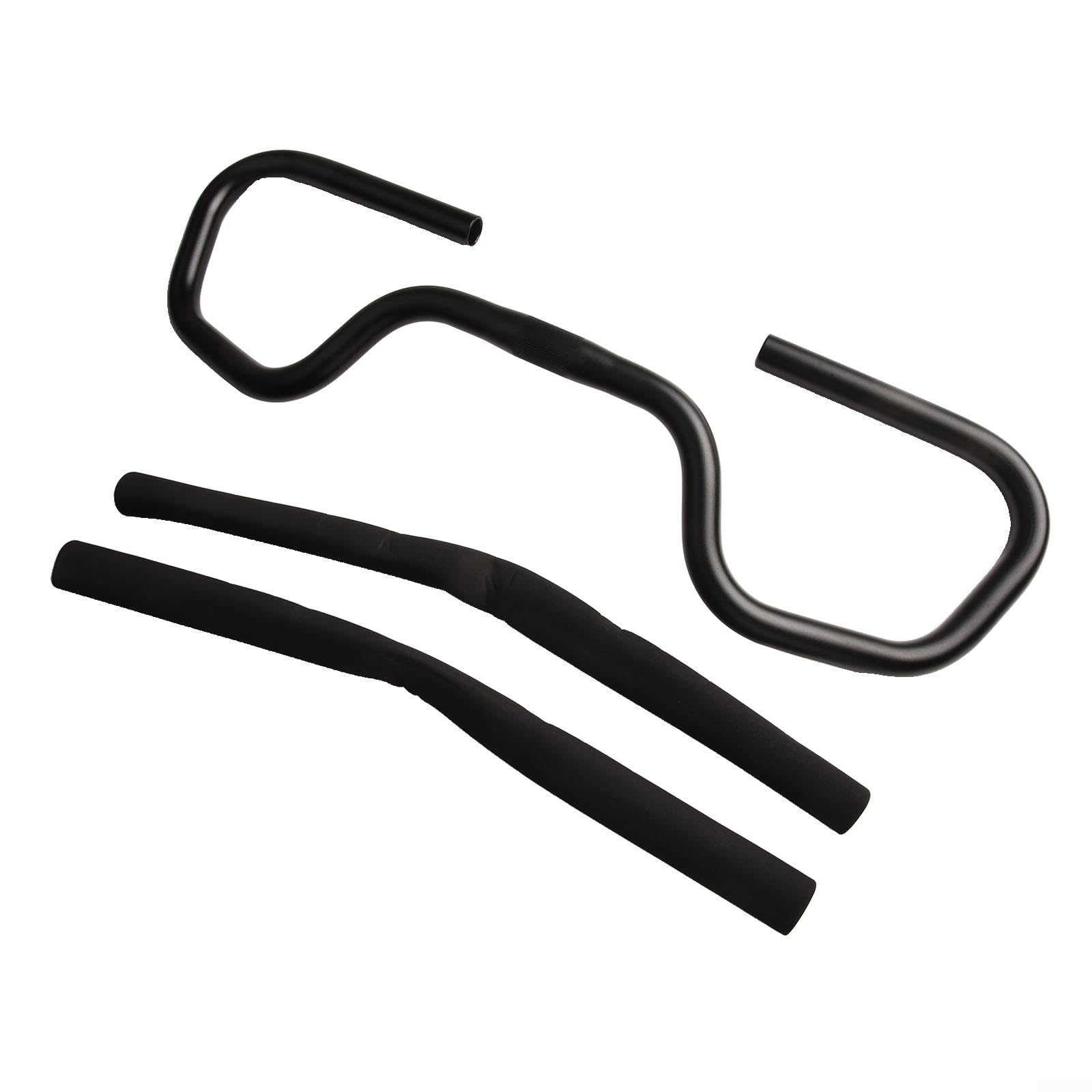 Guidon papillon 25,4 mm de large 580 mm de large en alliage d'aluminium 6061 pour VTT, trekking, vélo de route, tourisme avec 2 poignées en éponge Noir (guidon + 2 poignées)