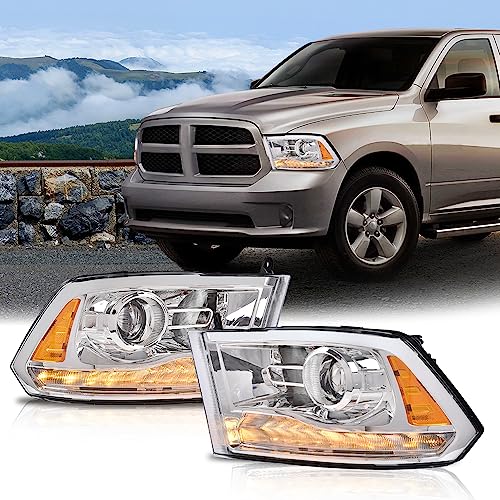 Image of GRAND ORANGE LED DRL Chrome Projector Headlights Assembly Compatible with 2013-2018 Dodge Ram 1500 2500 3500 FACTORY PROJECTOR 9 PIN MODEL Headlamps Clear Lens Amber Reflector