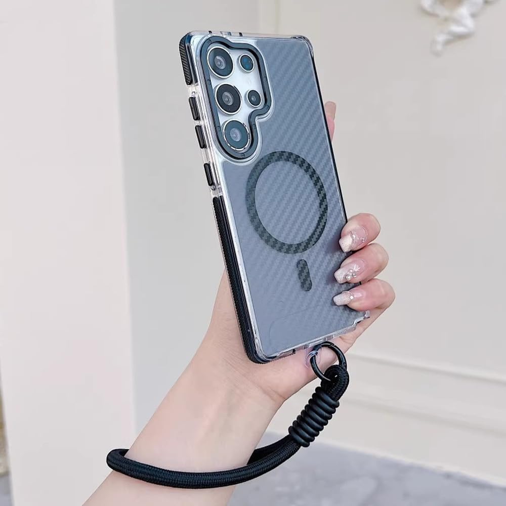 Luxury Lanyard Carbon Fiber Magnetic Wireless Charging Protector Cover,Black,for Galaxy S23Ultra