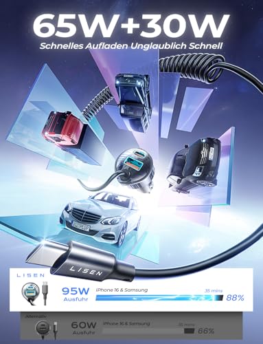 LISEN Caricabatteria da Auto Ricarica Rapida 65W+30W USB C Cavo Accendisigari da Auto Tipo C PD&QC 3.0 Adattatore Caricabatteria da Auto per iPhone 16 15 14 Pro MAX, Galaxy S24 S23 Xiaomi, iPad