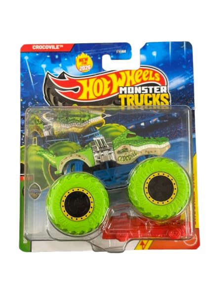 Hot Wheels Monster Trucks Crocovile, Beast Bashers 1/6 [Incluye coche aplastado] Nuevo para 2026! Vehículo de juguete fundido a escala 1:64