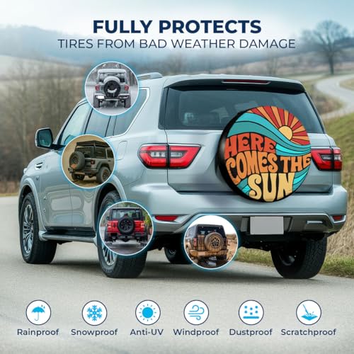 Image of GENANY Hippie Here Comes The Sun Size 15 Premium PVC Leather Spare Tire Cover, Universal Fit for RV Camper Trailer, Dustproof, Waterproof Tire Cover with No Camera Hole, Spring Car Decor