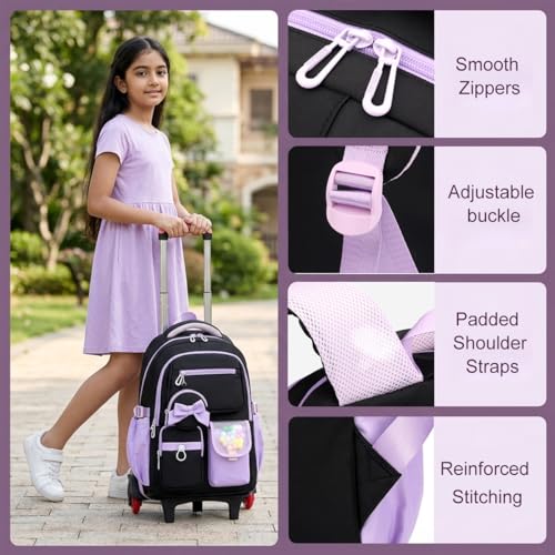 Image of PALAY School Trolley Bag for Girls Purple Black Oxford Cloth Rolling Backpack Cute Bow Waterproof Trolley Bags Multi-Compartments School Bag with Wheels for Elementary, Middle