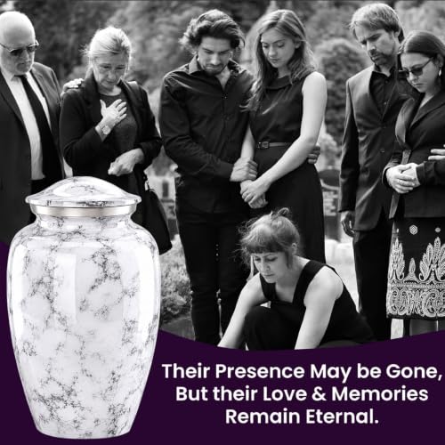 Image of White Cremation Urns for Human Ashes Adult Female & Male with Customizable Medallion | Elegant White Marble Finish Metal Memorial Urn for Men & Women | Decorative Funeral Urns - Large, 220 lbs