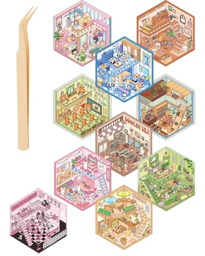 FUGLUS 1OPCS Pegatinas para Casa 3D DIY, libro de pegatinas 3d,pegatinas 3d,Lindo Fun Cartoon 3D Sticker Scene, House Stickers, Pegatinas para Escenas, Fun DIY Stacking Scene Stickers, con 1 Pinzas