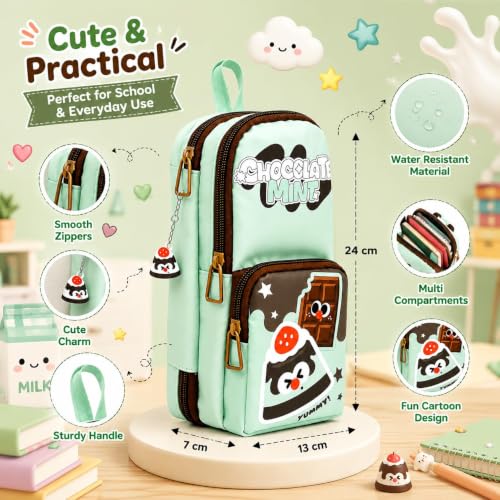 Image of Alokik 3 Compartment Pencil Pouch for Kids, Cute Cartoon School Pencil Case with Multiple Zipper Compartments, Stationery Organizer Bag for Boys & Girls, Portable Pen & Pencil Storage(Chocolate Mint)