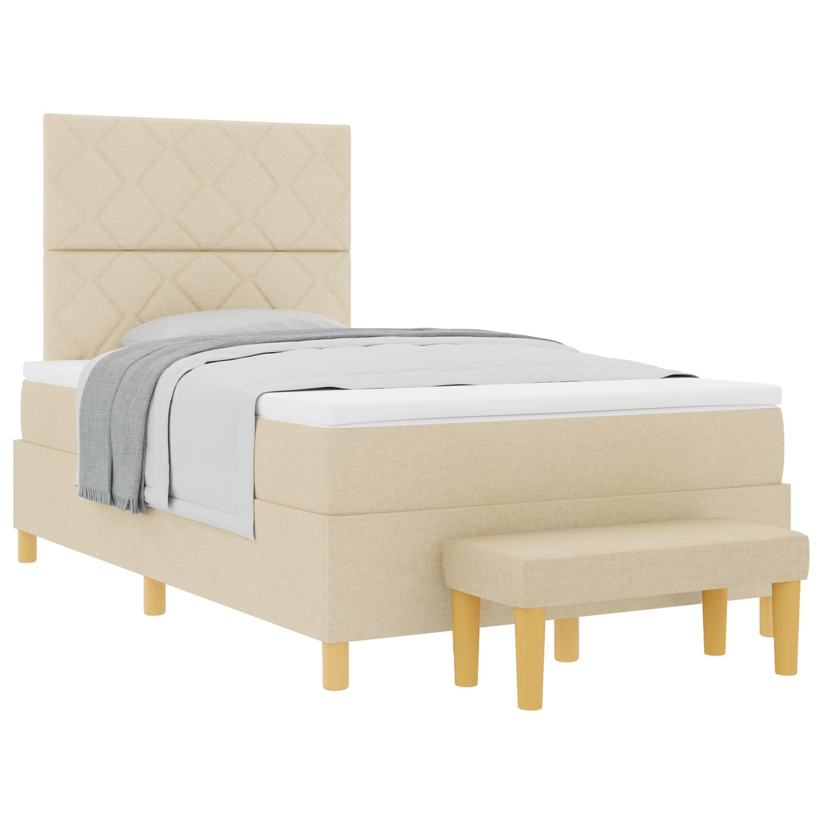 Cama con somier con colchón color crema de 120 x 200 cm, estructura moderna con colchón de espuma, cabecero de poliéster y banco práctico, comodidad media para un descanso