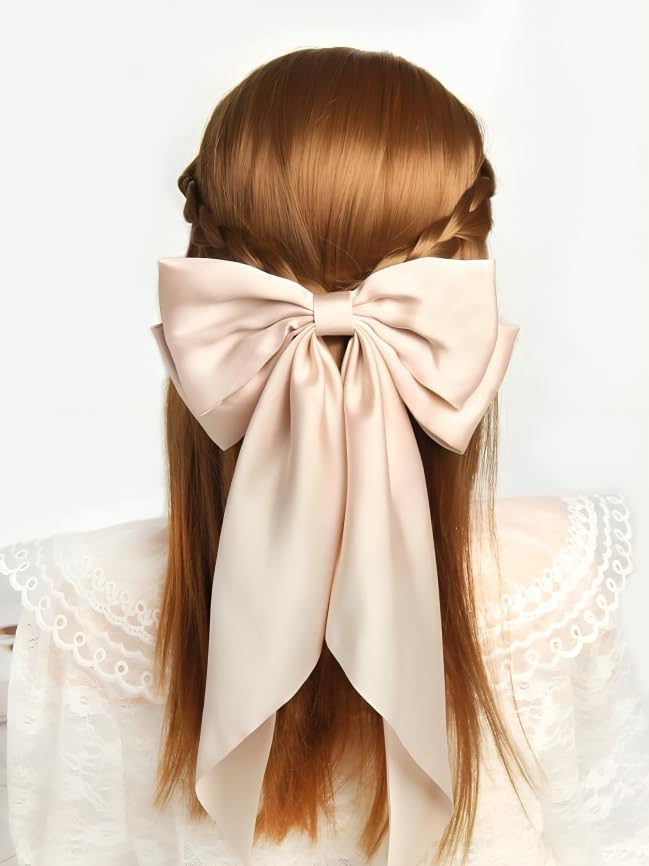 Image of FilterFashion Large Satin Hair Bow - 11.5 Inch Oversized Bow Clip for Girls & Women, Elegant Hair Accessory (Light Peach)