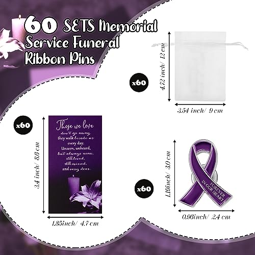 Unittype 60 Set Funeral Ribbon Pins Awareness Lapel Pin Remembrance Ribbon Brooch with Prayer Cards Organza Bags2