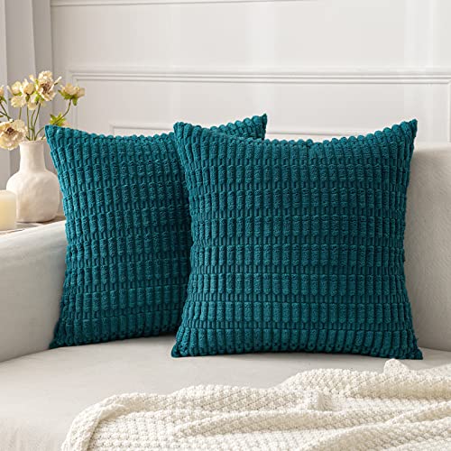 MIULEE Pack of 2 Cushion Covers 45x45 cm Corduroy Malachite Blue Square Decorative Throw Pillow Covers 18x18 Inch Boho for Living Room Sofa Bedroom