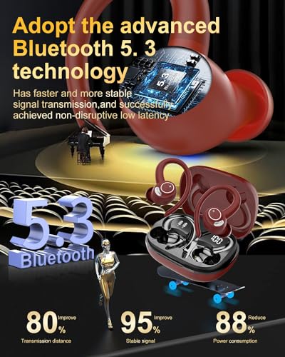 Image of Wireless Earbuds, Bluetooth 5.4 Headphones Sport, Over Ear Buds With ENC Noise Cancelling Mic,48H,Wireless Earphone With Earhooks, Stereo Deep Bass,IP7 Waterproof ear bud for Workout Running,Light Red