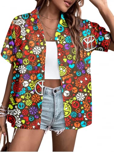 Women 60s 70s Shirt Peace Sign Love Tshirts Hippie Short Sleeve Button Down Clothes Inspirational Tee Tops Red