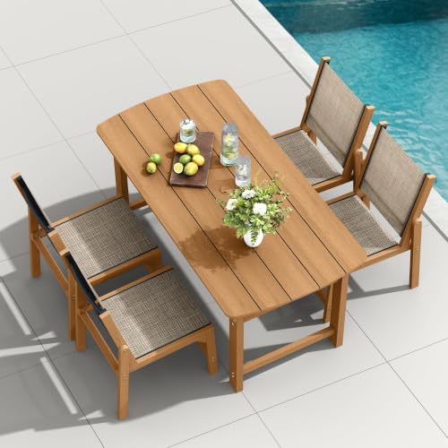 Image of HDPE Outdoor Patio Dining Set with Table & 4 Stackable Armless Textilene Chairs, All-Weather 5-Piece Patio Furniture Set with Umbrella Hole for Lawn & Garden, Poolside, Backyard | Teak