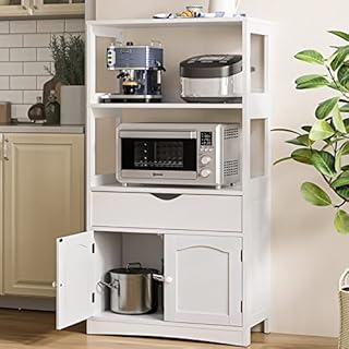 Kitchen Pantry Storage Cabinet with Microwave Storage Space Freestanding Floor Bathroom Storage Cabinets with Doors and Shelves Waterproof Linen Tower Cabinet Snack Cabinet,for Home Kitchen, White