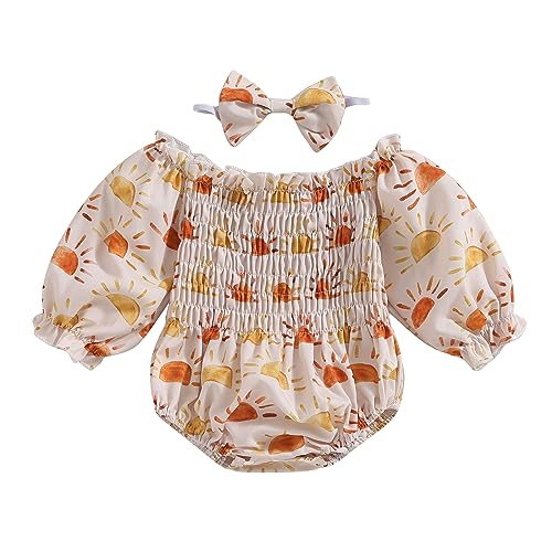 Image of JLKGICF Newborn Baby Girl Clothes Infant Fall Outfit Sunrise Print Smocked Bubble Romper Onesie Headband Cute Clothing(Sunrise Bubble Onesie Apricot, 6-12 Months)