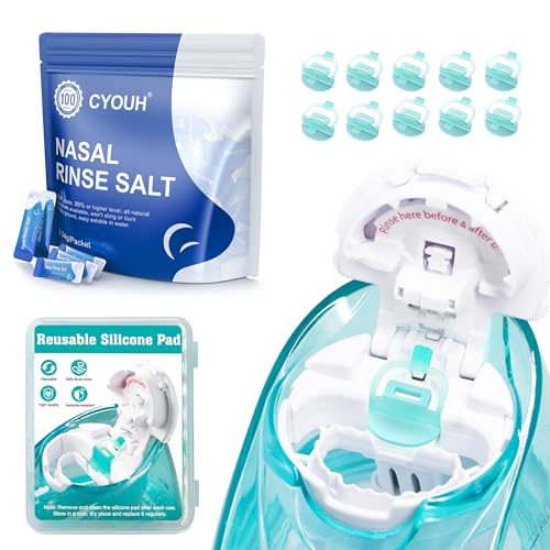 CYOUH 100pcs Salt Saline Packets + 10 PCS Silicone Pads Neti Pot Sinus Nasal Wash Rinse 2.34g Salt Packets Refills Accessories for Substitute Saline Pods (100Salts+10Pads)