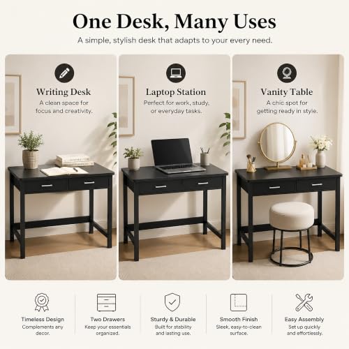 Image of 4NM 39.4 inch Small Desk with Wood Drawers, Home Office Computer Desk with Wooden Legs, Study Writing Table Vanity Desk for Small Spaces - Black