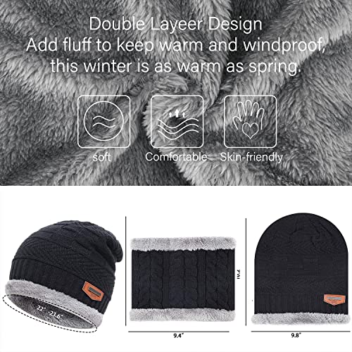 Mens Womens Winter Beanie Hat Scarf Set Warm Knit Hat Thick Fleece Lined Winter Cap Neck Warmer For Men Women A Black #TOP4